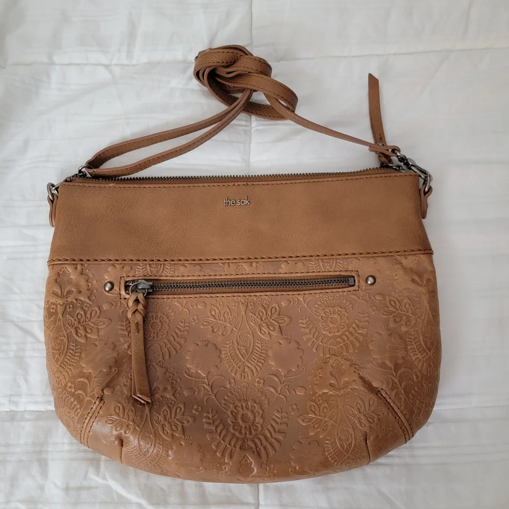 The Sak Oleta Leather Embossed Crossbody Bag Tobacco Brown - Picture 2 of 11